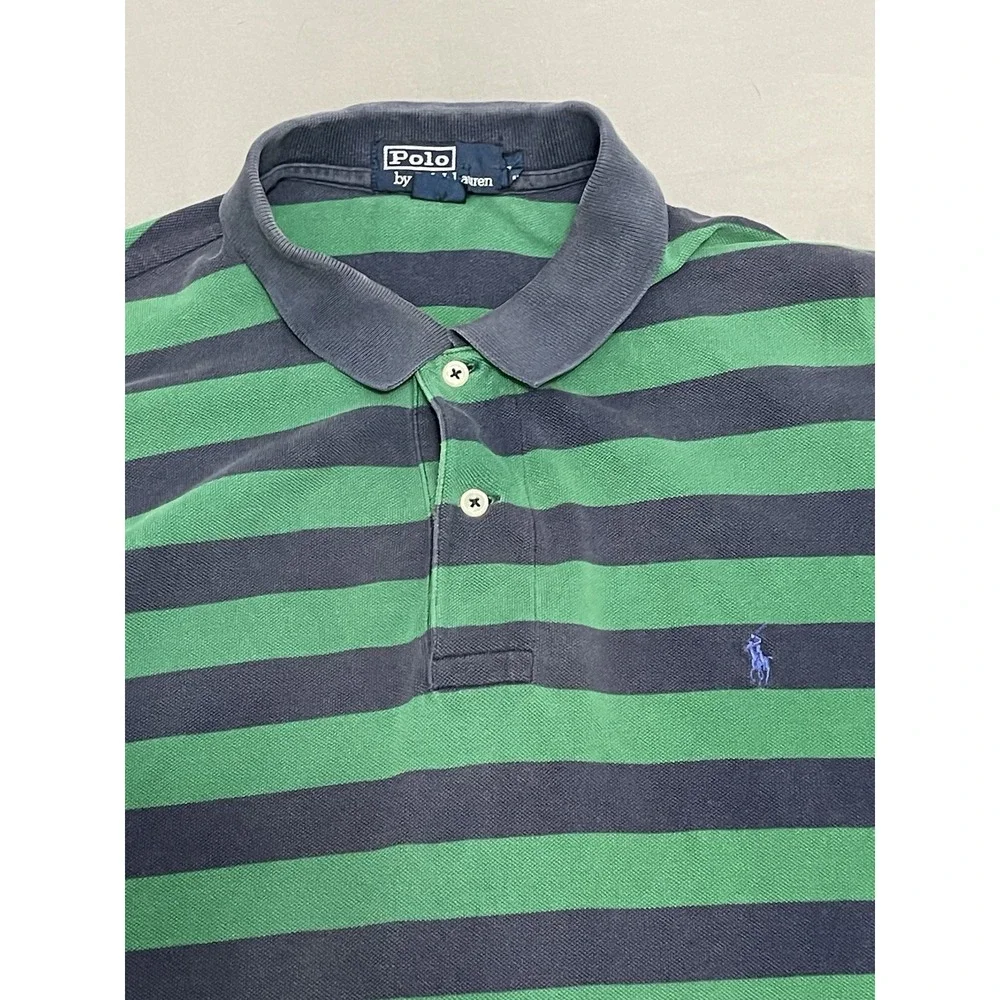 Vintage Ralph Lauren Polo Shirt Men's L Blue Stripe Short Sleeve 90s VTG Retro